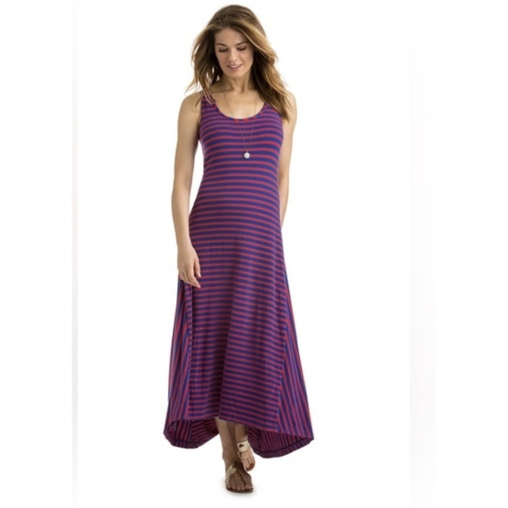 Vineyard Vines Striped Hi Low Maxi Dress Womens Large‎ Red Blue Sleeveless Soft